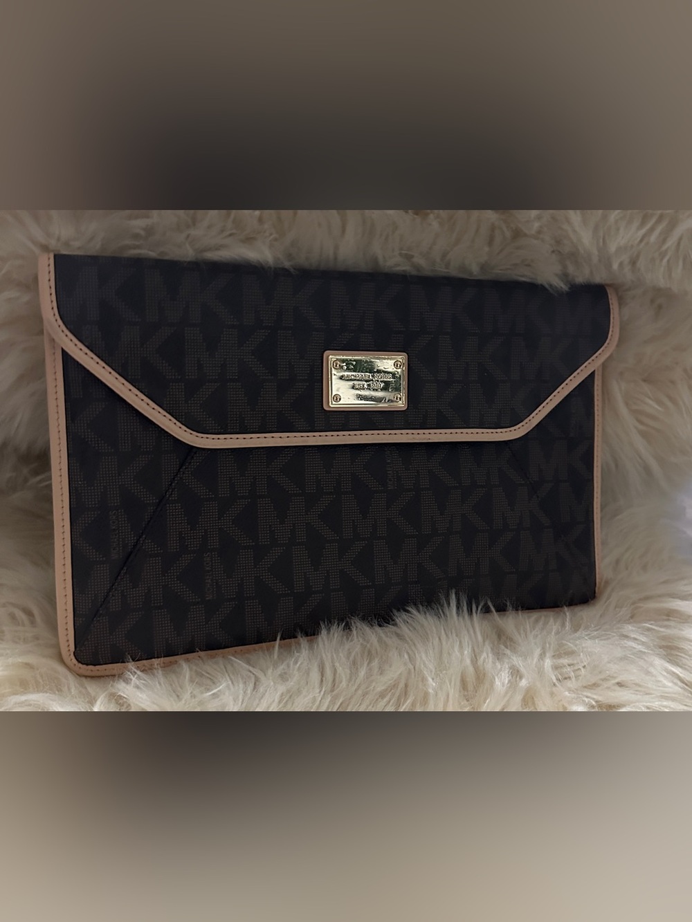 Michael Kors Brown MK Logo Envelope Clutch with Gold Plate